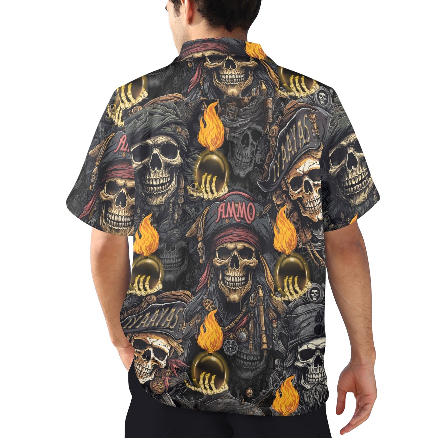 USAF AMMO Pirate Skulls Orange Glowing Pisspots Skeleton Hands IYAAYAS Proud Heritage Mens Hawaiian Shirt