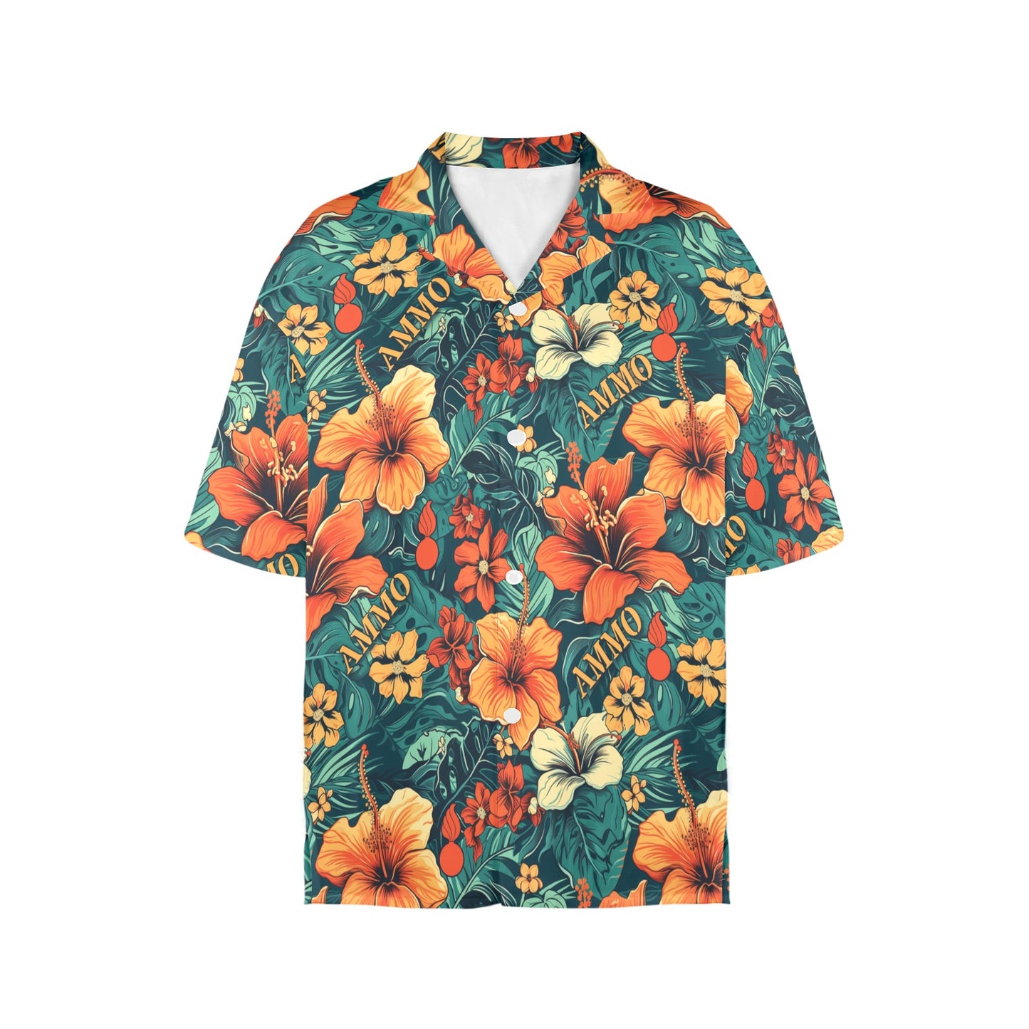 Orange Hibiscus Flowers Green Leaves AMMO Word and Pisspots Womens Hawaiian Shirt