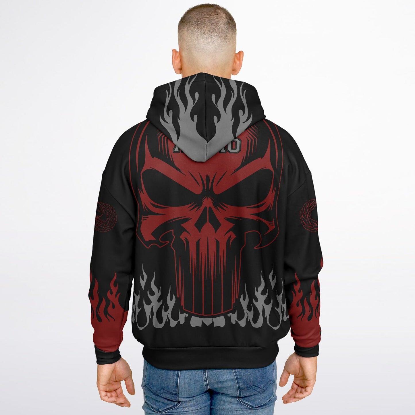 AMMO Skull Flames Black Red Grey Heavyweight Oversized Cold Weather Pullover Hoodie - All Over Print