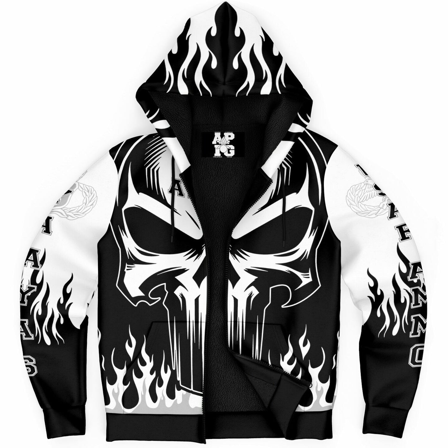 AMMO Skull Flames Black White Grey Microfleece Cold Weather Zip-Up Hoodie - All Over Print