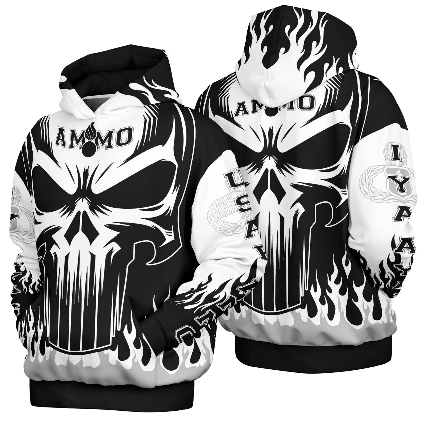 AMMO Skull Flames Black White Grey Heavyweight Oversized Cold Weather Hoodie - All Over Print