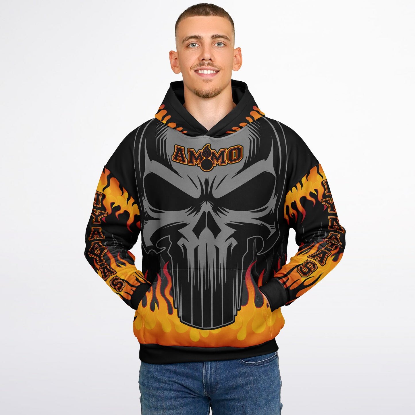 AMMO Skull Orange Fire Flames IYAAYAS Heavyweight Oversized Cold Weather Pullover Hoodie - All Over Print