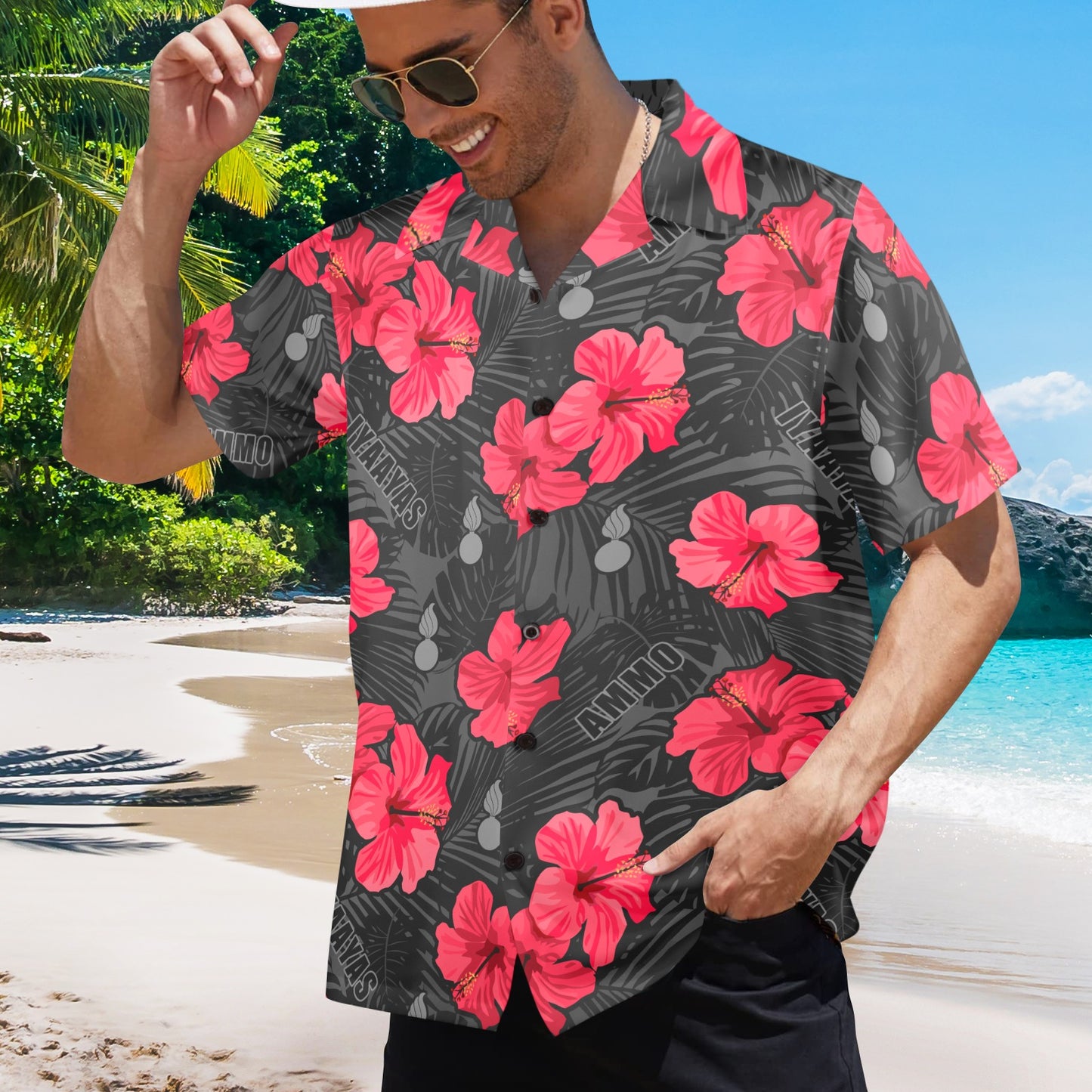 Pink Red Grey Black Flowers Leaves AMMO and IYAAYAS Mens Hawaiian Shirt