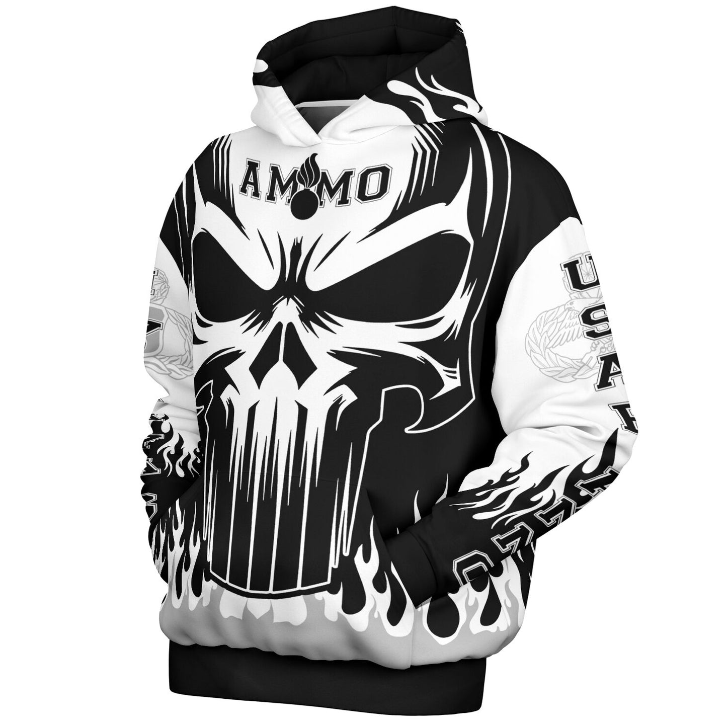 AMMO Skull Flames Black White Grey Heavyweight Oversized Cold Weather Pullover Hoodie - All Over Print