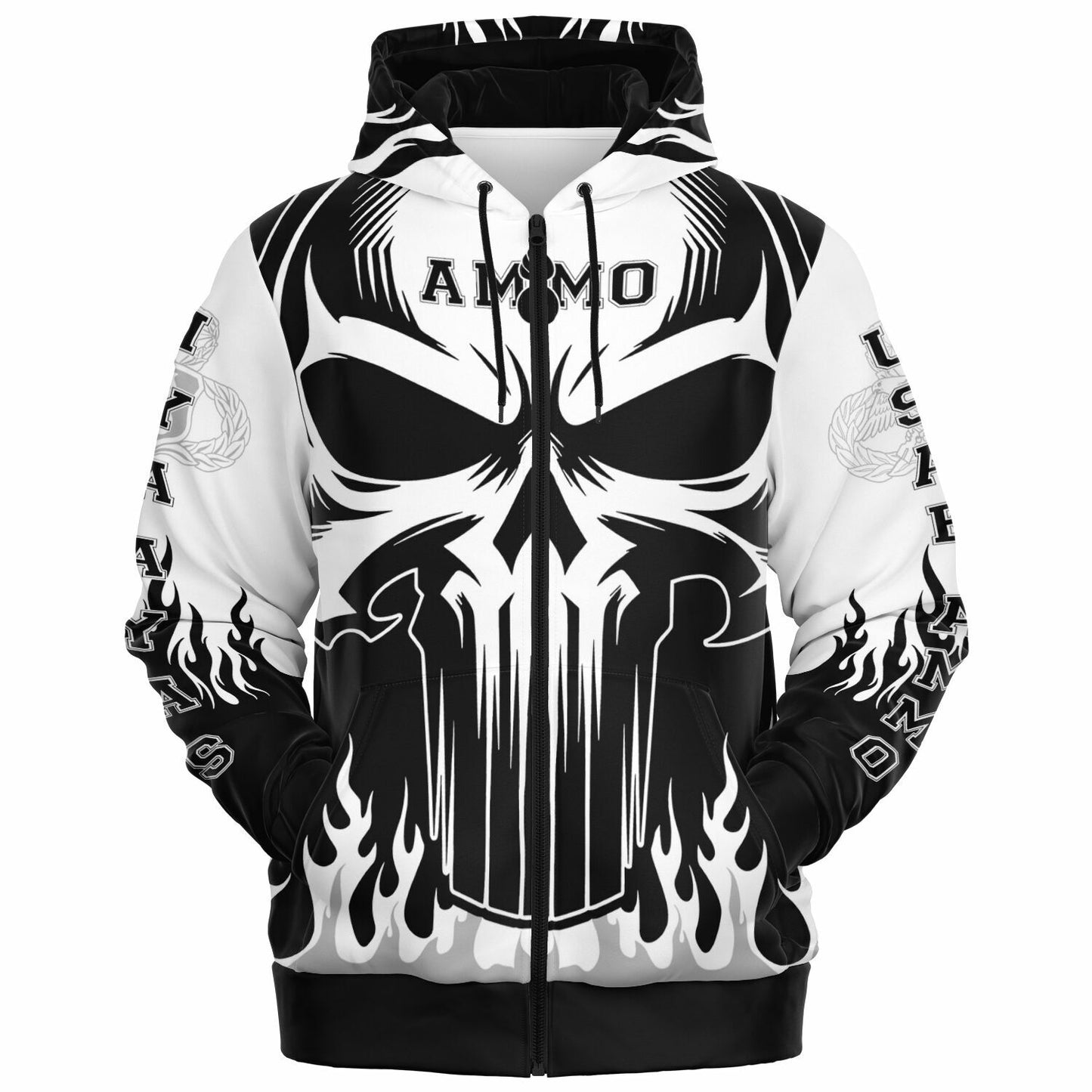 AMMO Skull Flames Black White Grey Fashion Zip-Up Hoodie - All Over Print