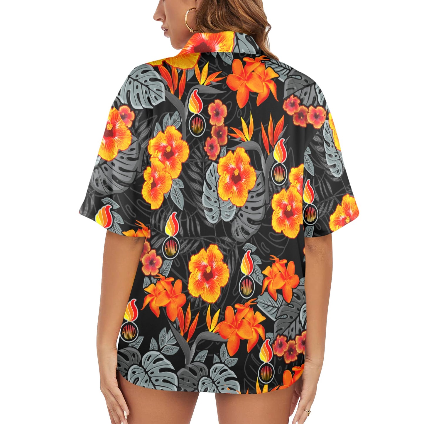 Fire Hibiscus Flowers With AMMO Pisspot Womens Hawaiian Shirt