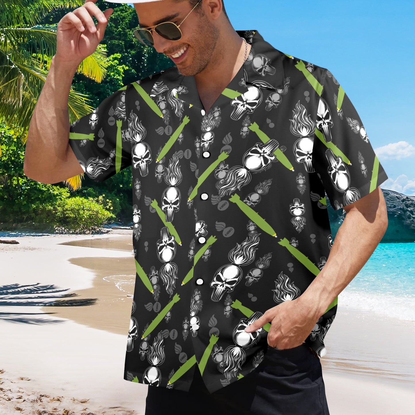 Punisher Skull Pisspots and Bombs Mens Hawaiian Shirt