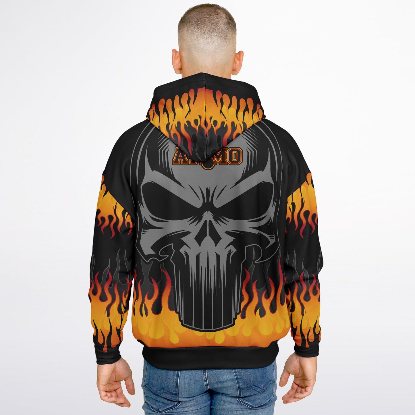 AMMO Skull Orange Fire Flames IYAAYAS Heavyweight Oversized Cold Weather Pullover Hoodie - All Over Print