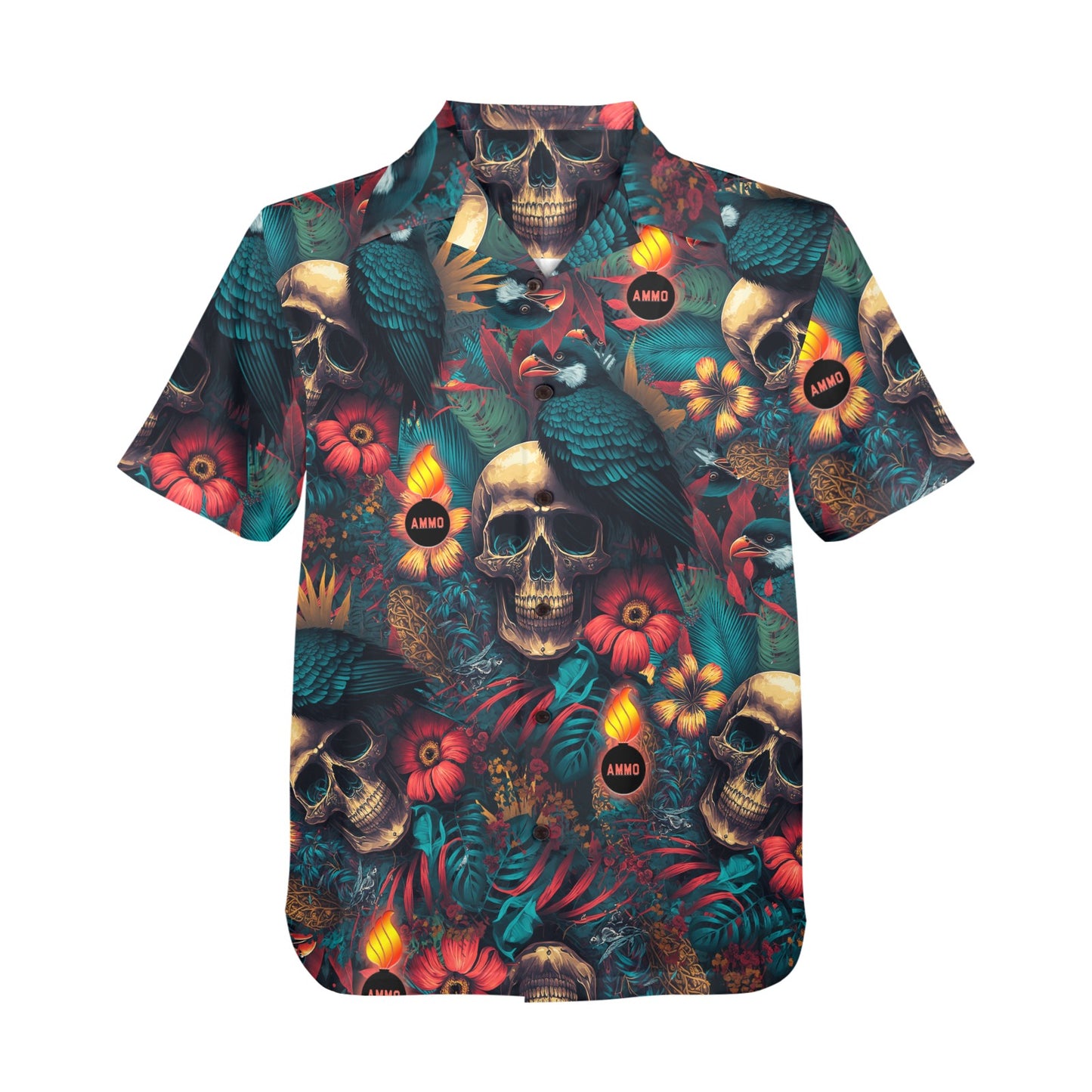 Skulls Birds Flower Leave and Glowing Pisspots Mens Hawaiian Shirt