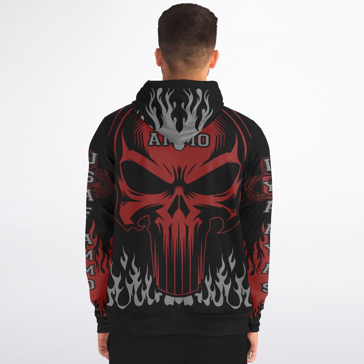 AMMO Skull Flames Black Red Grey Fashion Zip-Up Hoodie - All Over Print