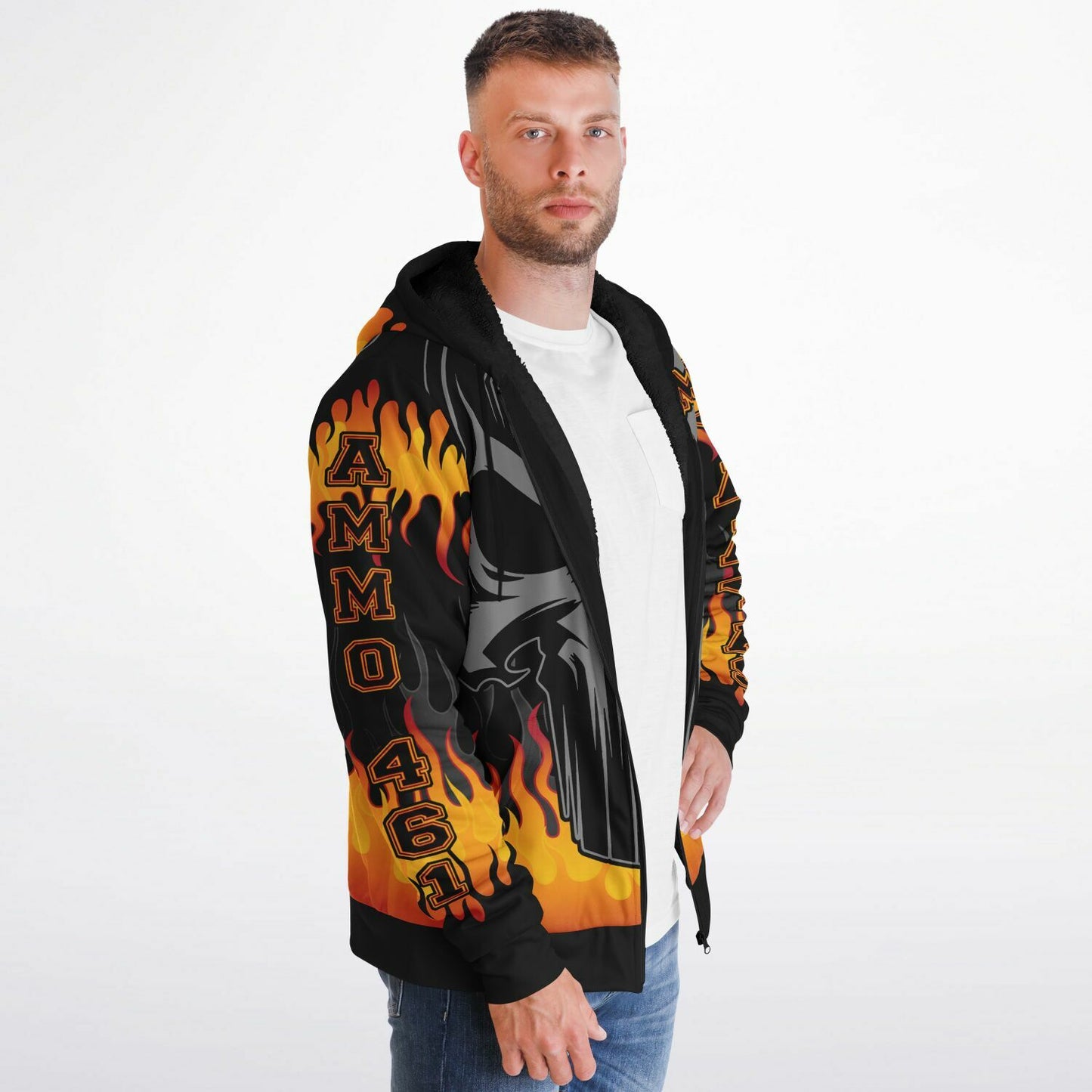 AMMO Skull Orange Flames Microfleece Cold Weather Zip-Up Hoodie - All Over Print