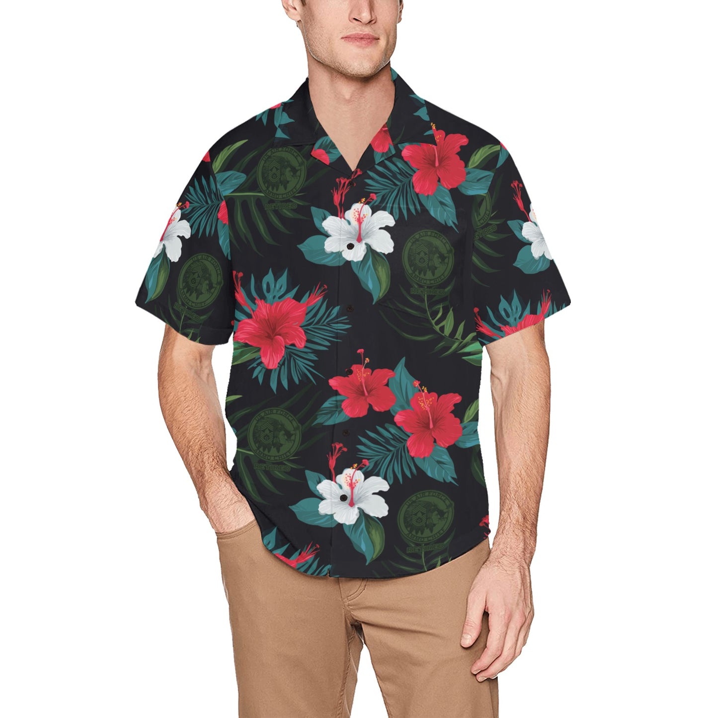 AMMO Chief Retired Black With Tropical Flowers Leaves and Chief Logos Men's Hawaiian Shirt With Left Chest Pocket