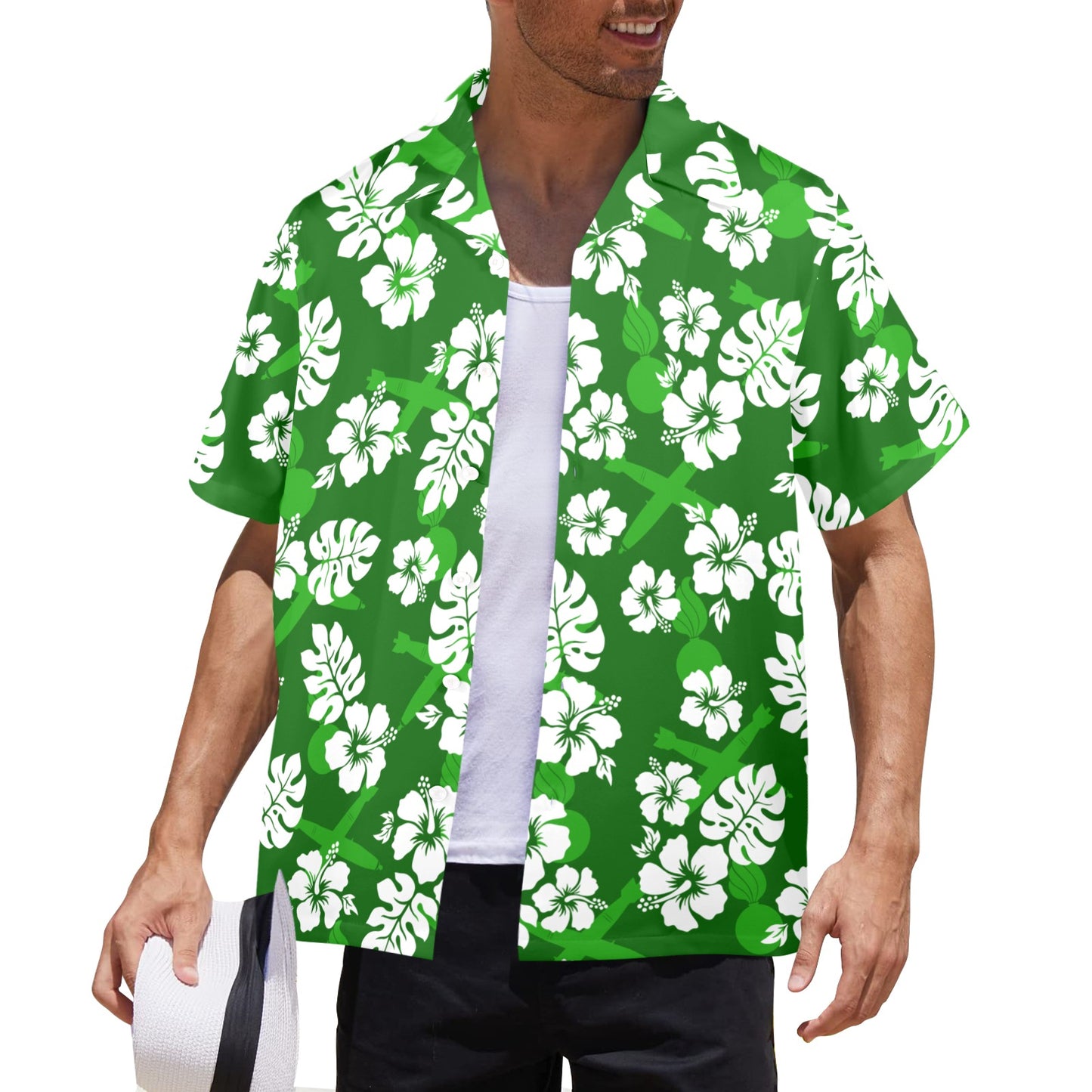 USAF AMMO Green with White Hibiscus Flowers Pisspots and Crossed Bombs Mens Hawaiian Shirt