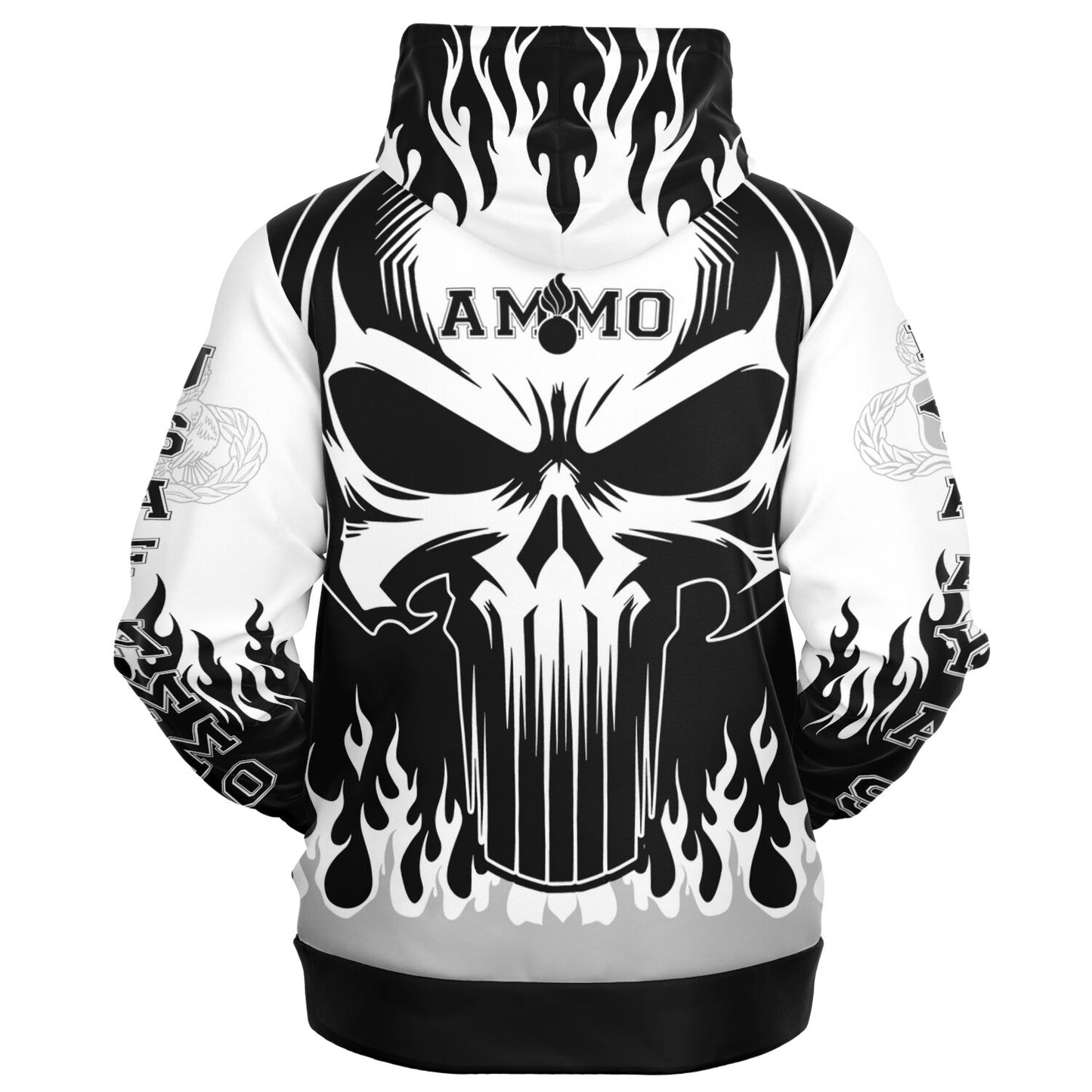 AMMO Skull Flames Black White Grey Fashion Zip-Up Hoodie - All Over Print