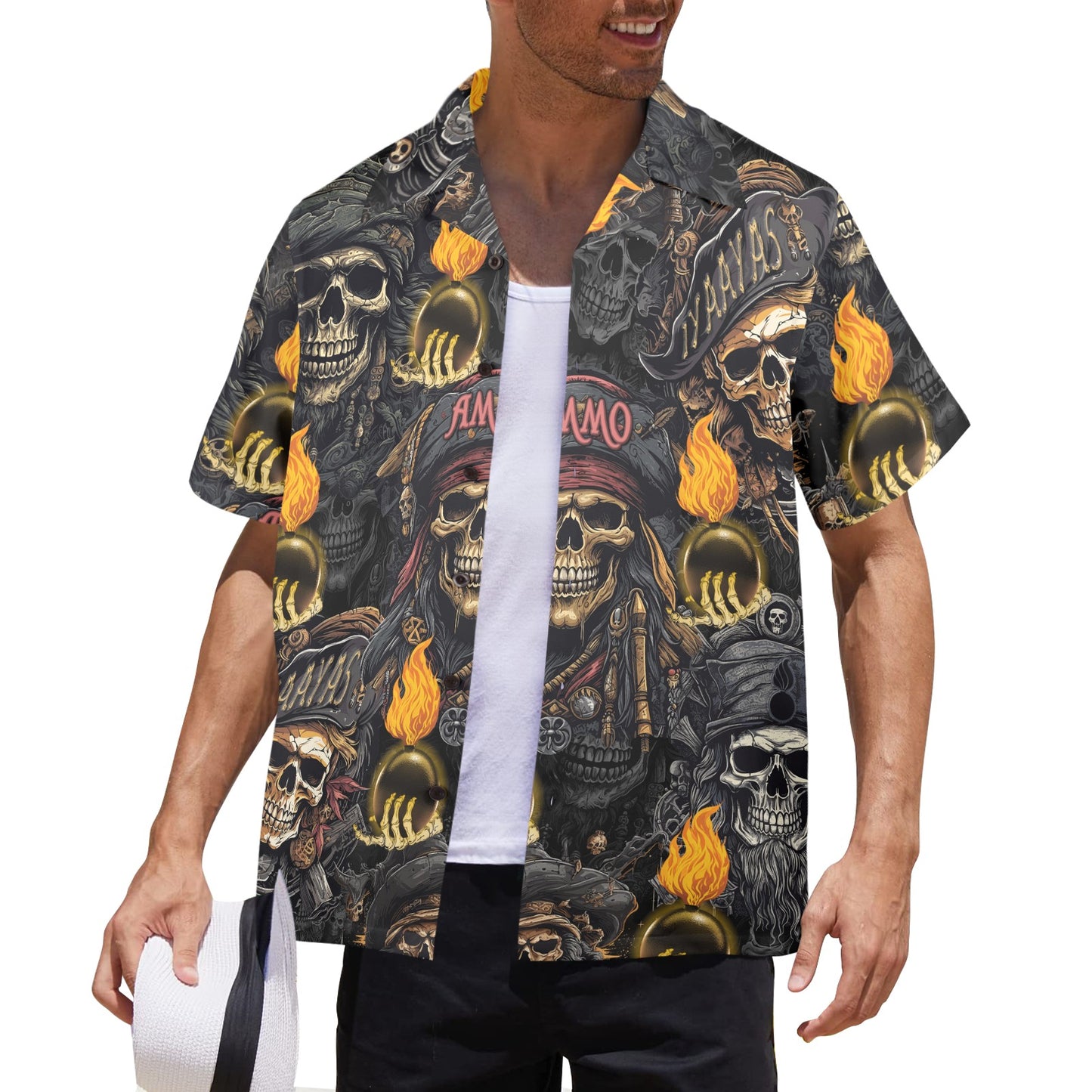 USAF AMMO Pirate Skulls Orange Glowing Pisspots Skeleton Hands IYAAYAS Proud Heritage Mens Hawaiian Shirt