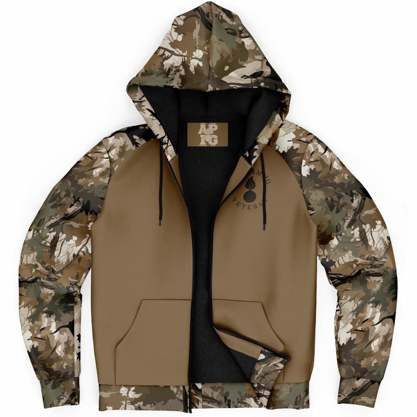 Brown Winter Leaf USAF AMMO Veteran DD-214 Certified Microfleece Cold Weather Zip-Up Hoodie - All Over Print