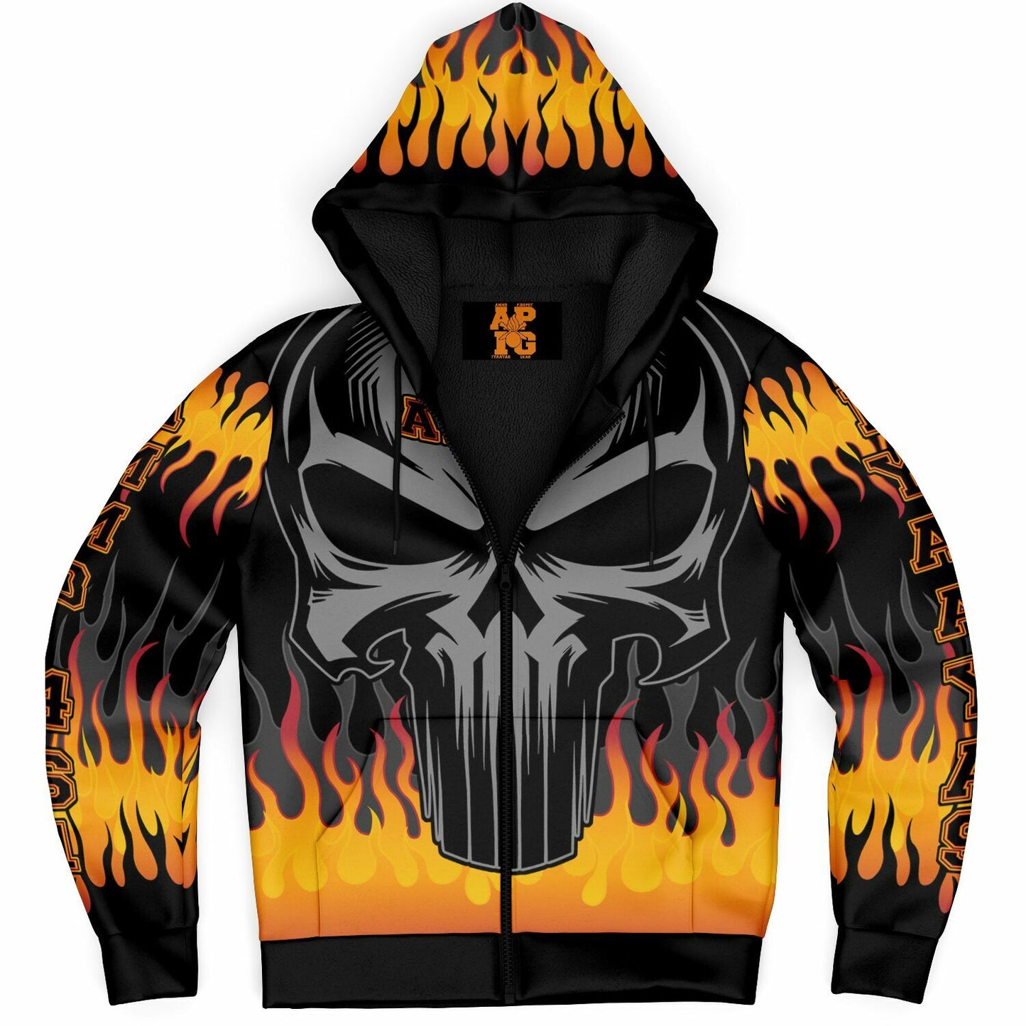 AMMO Skull Orange Flames Microfleece Cold Weather Zip-Up Hoodie - All Over Print