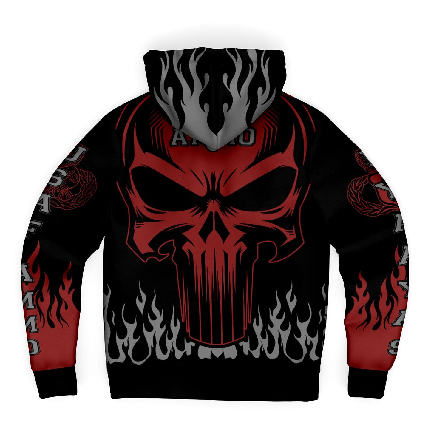 AMMO Skull Flames Black Red Grey Microfleece Cold Weather Zip-Up Hoodie - All Over Print