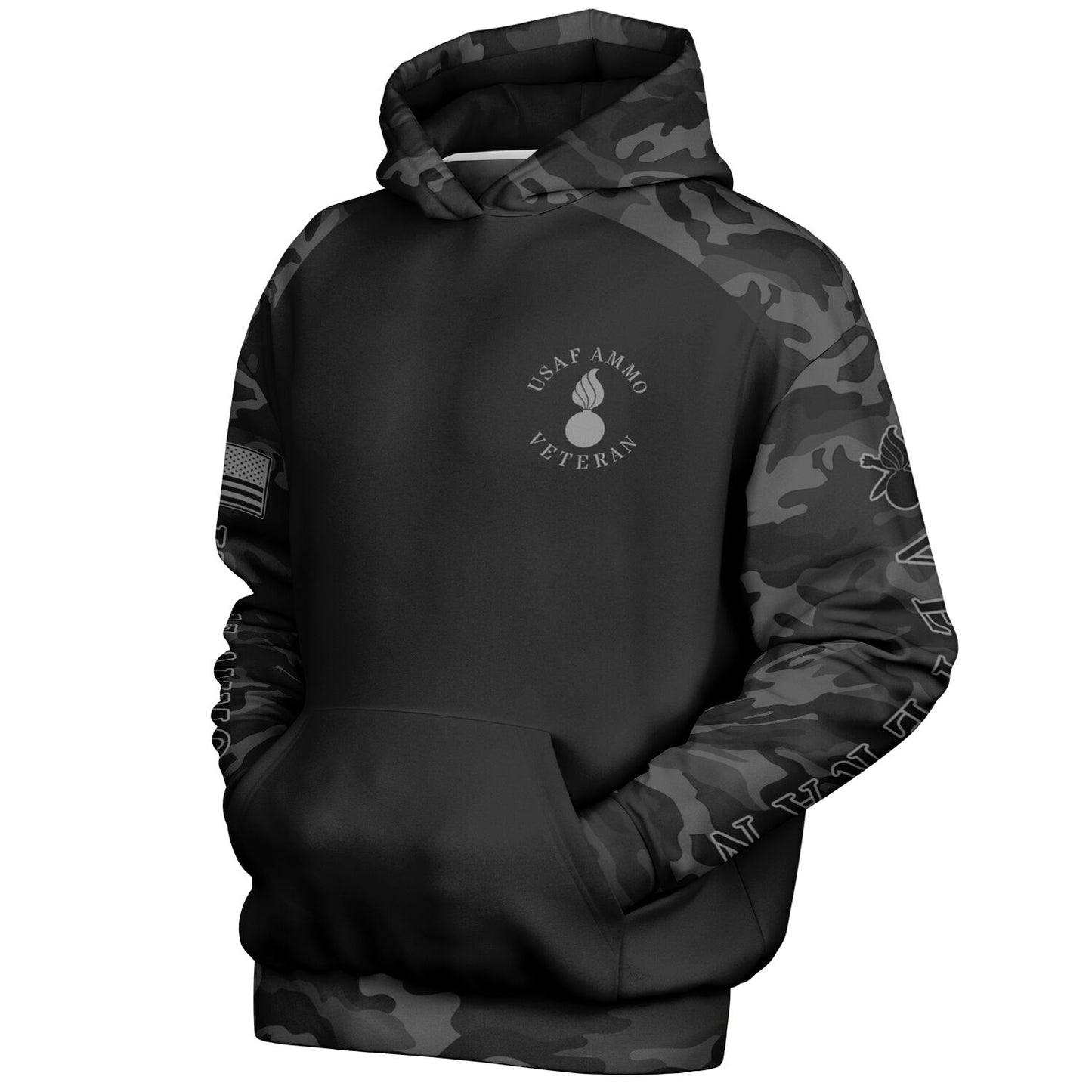 Black and Grey USAF AMMO Veteran DD-214 Heavyweight Oversized Cold Weather Pullover Hoodie - All Over Print