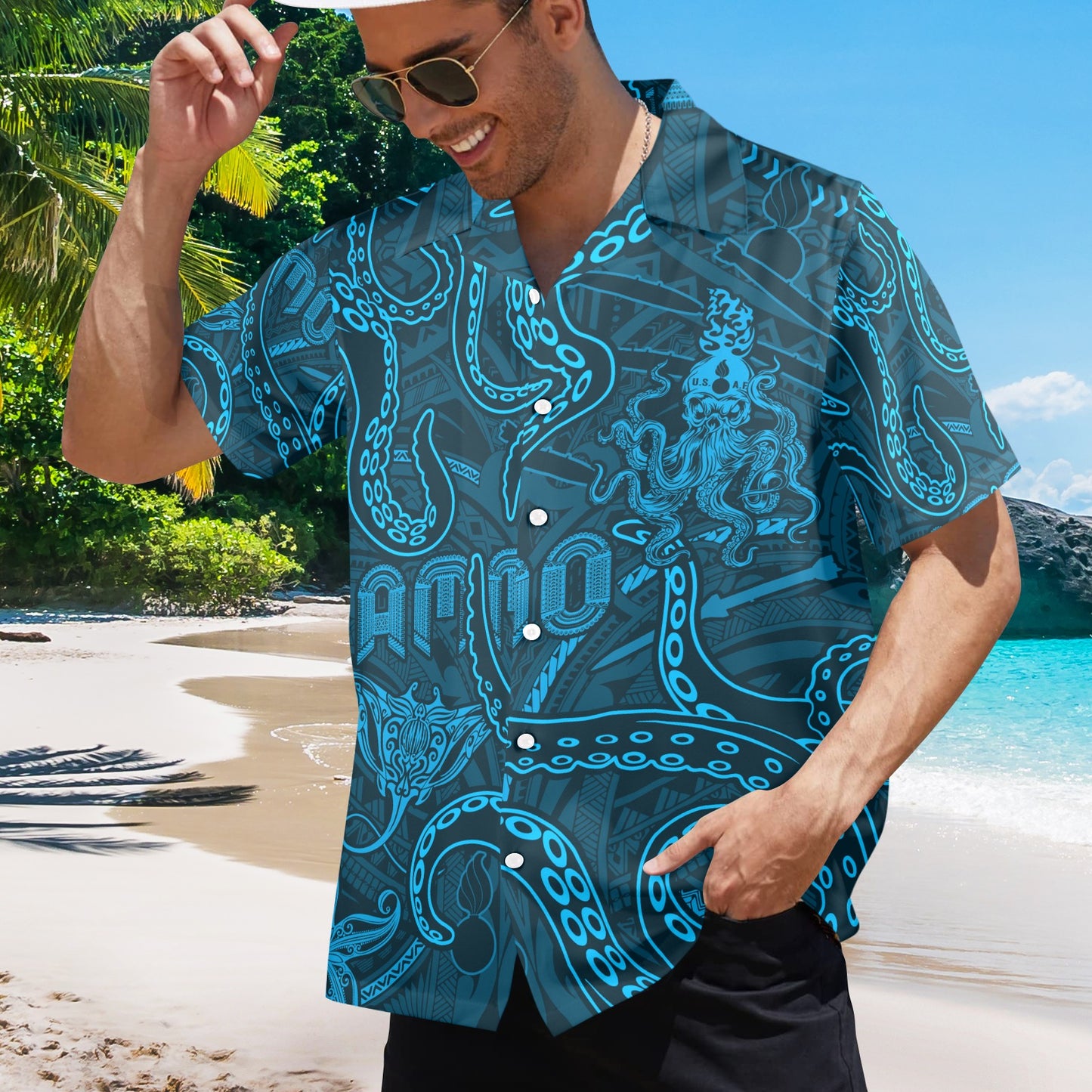 Aqua Blue Sea Life Mens Hawaiian Shirt