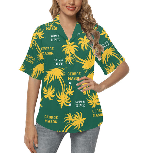 Green and Yellow George Mason Swim and Dive Team Fan Womens Hawaiian Shirt