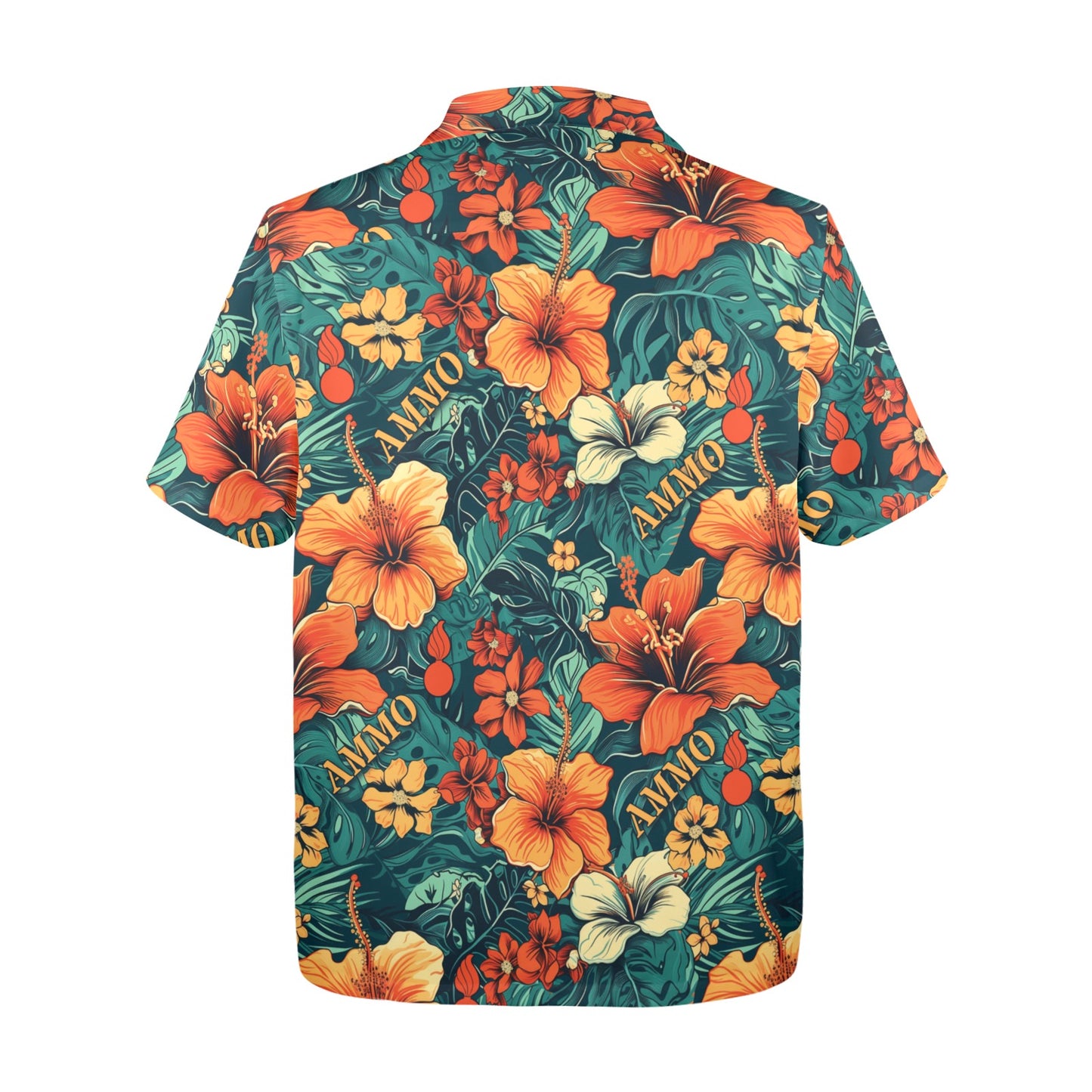 Orange Flowers With Green Leaves Pisspots and Word AMMO Mens Hawaiian Shirt