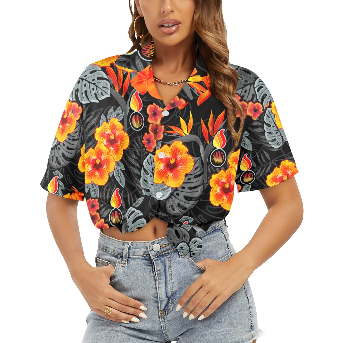 Fire Hibiscus Flowers With AMMO Pisspot Womens Hawaiian Shirt