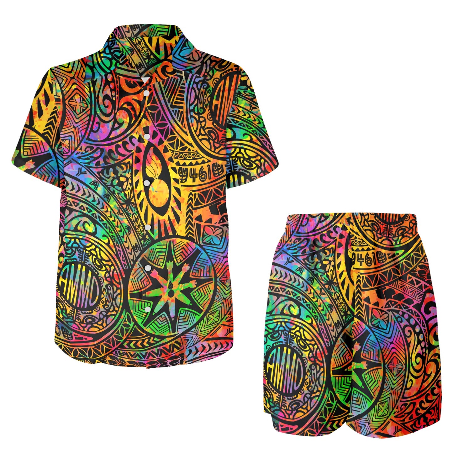 USAF AMMO Watercolor Tribal Pisspot Hawaiian Shirt and Shorts Combo Set with Left Chest Pocket