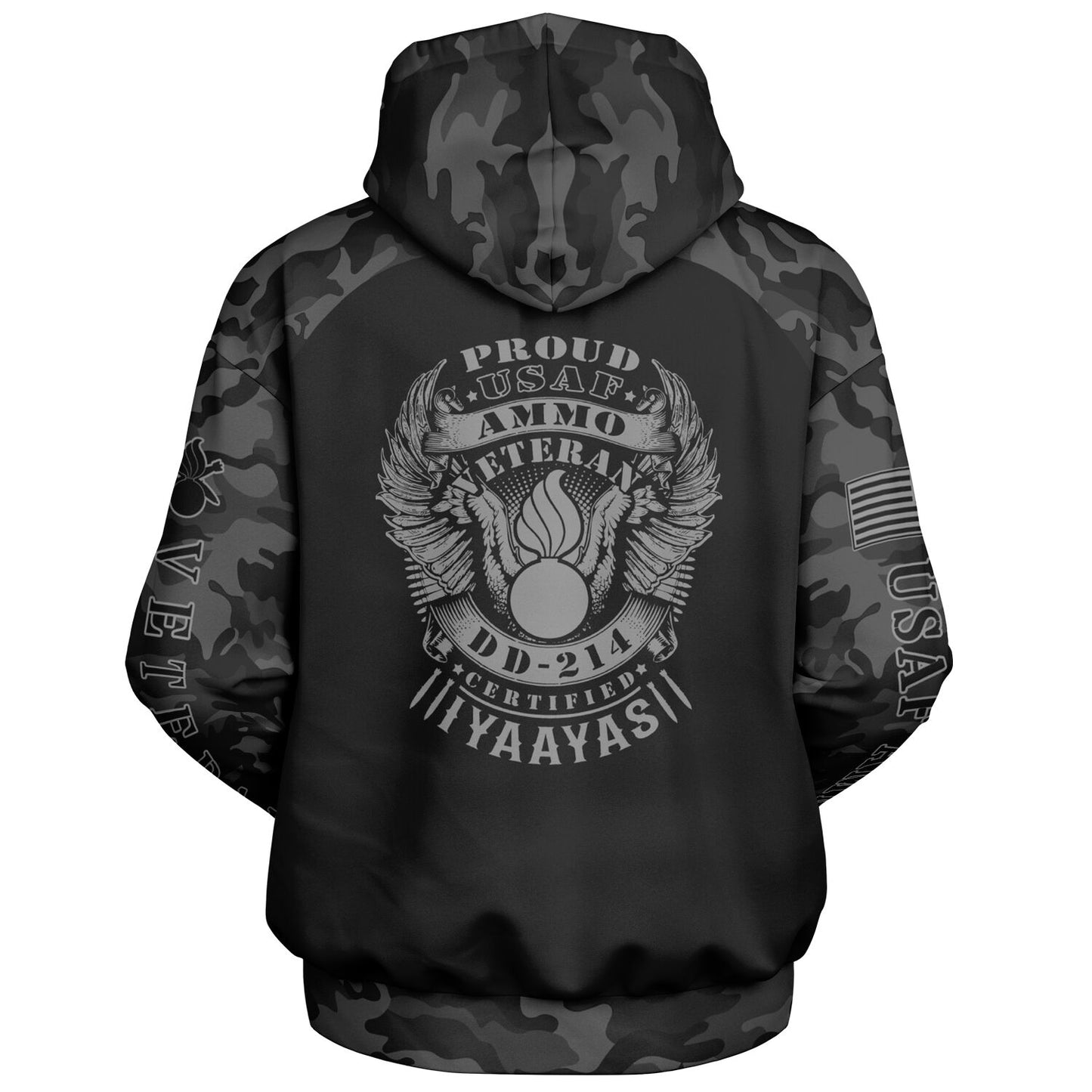 Black and Grey USAF AMMO Veteran DD-214 Heavyweight Oversized Cold Weather Pullover Hoodie - All Over Print