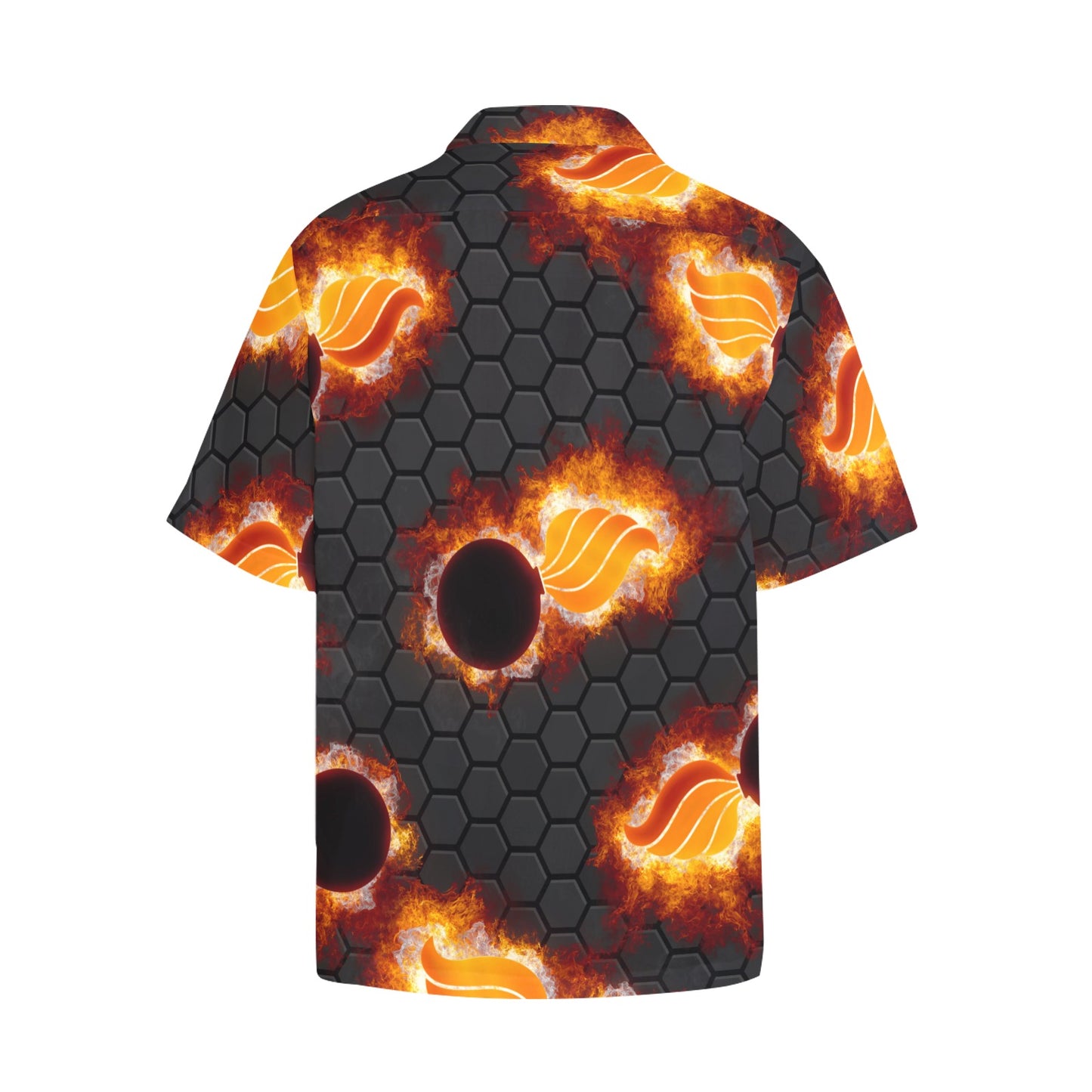 USAF AMMO Flaming Pisspots Hexagon Chrome Background Mens Hawaiian Shirt Front Left Pocket