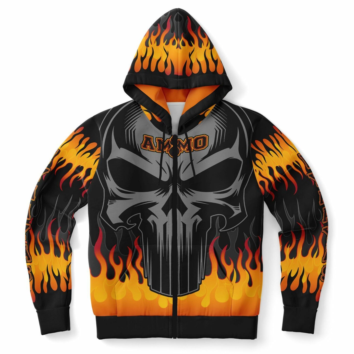 AMMO Skull Orange Fire Flames IYAAYAS Fashion Zip-Up Hoodie - All Over Print