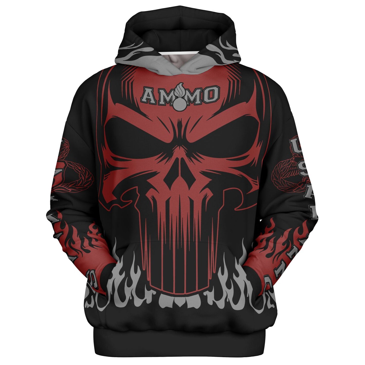 AMMO Skull Flames Black Red Grey Heavyweight Oversized Cold Weather Hoodie - All Over Print