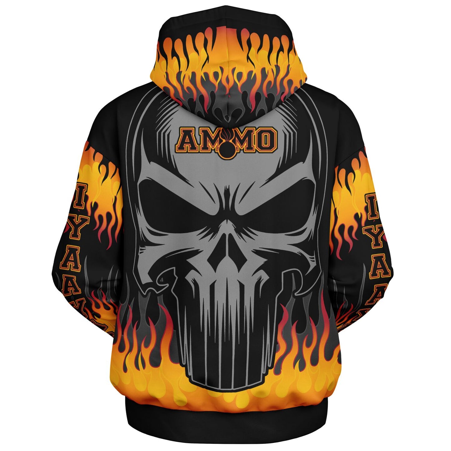 AMMO Skull Orange Fire Flames IYAAYAS Heavyweight Oversized Cold Weather Pullover Hoodie - All Over Print