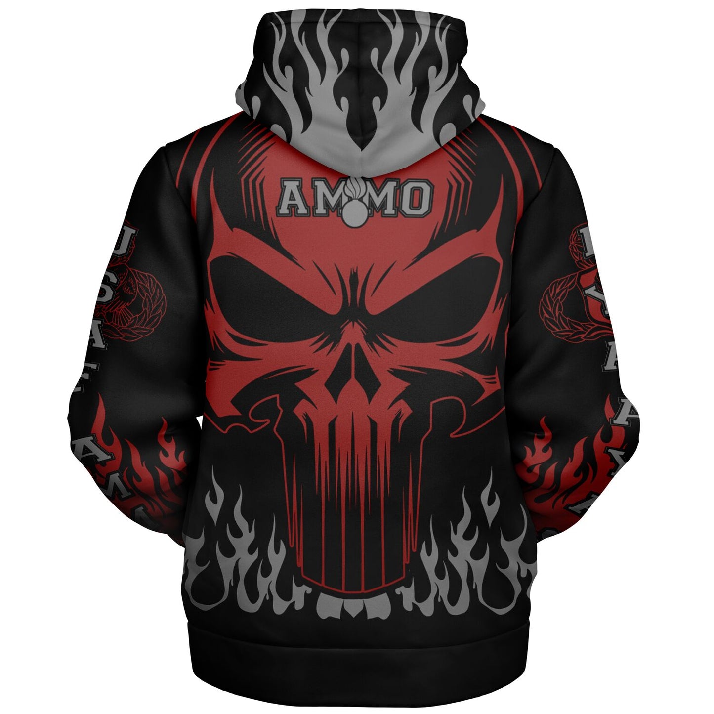 AMMO Skull Flames Black Red Grey Microfleece Cold Weather Zip-Up Hoodie - All Over Print