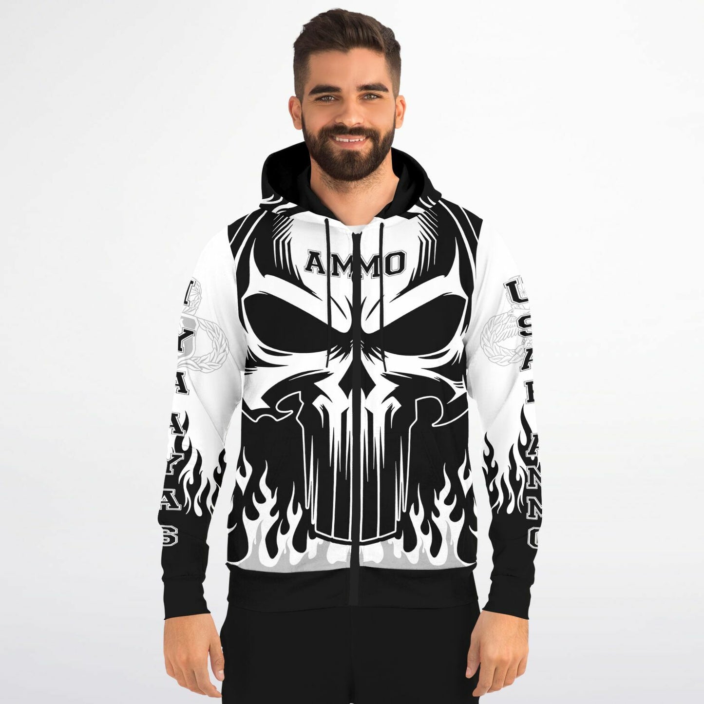 AMMO Skull Flames Black White Grey Fashion Zip-Up Hoodie - All Over Print