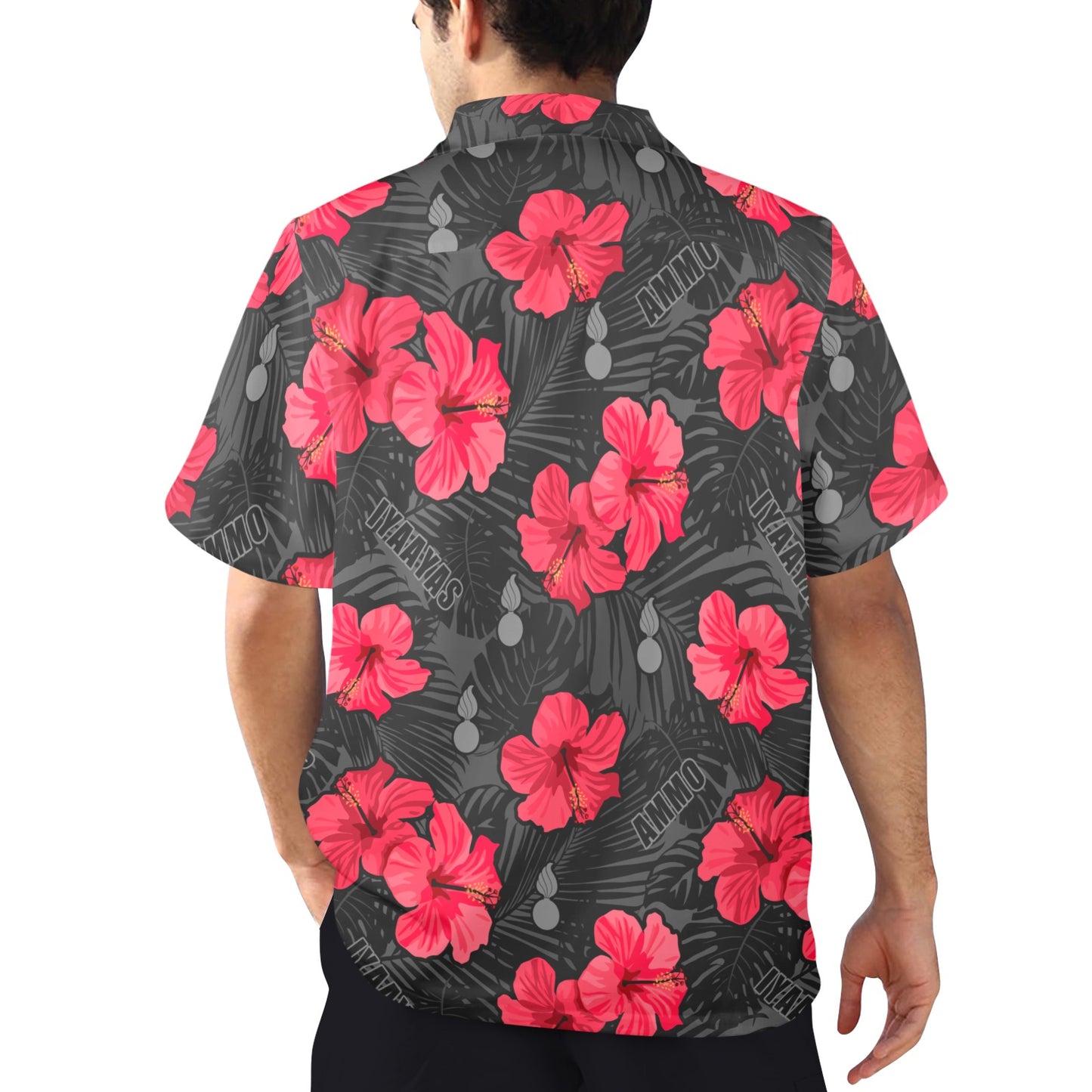 Pink Red Grey Black Flowers Leaves AMMO and IYAAYAS Mens Hawaiian Shirt