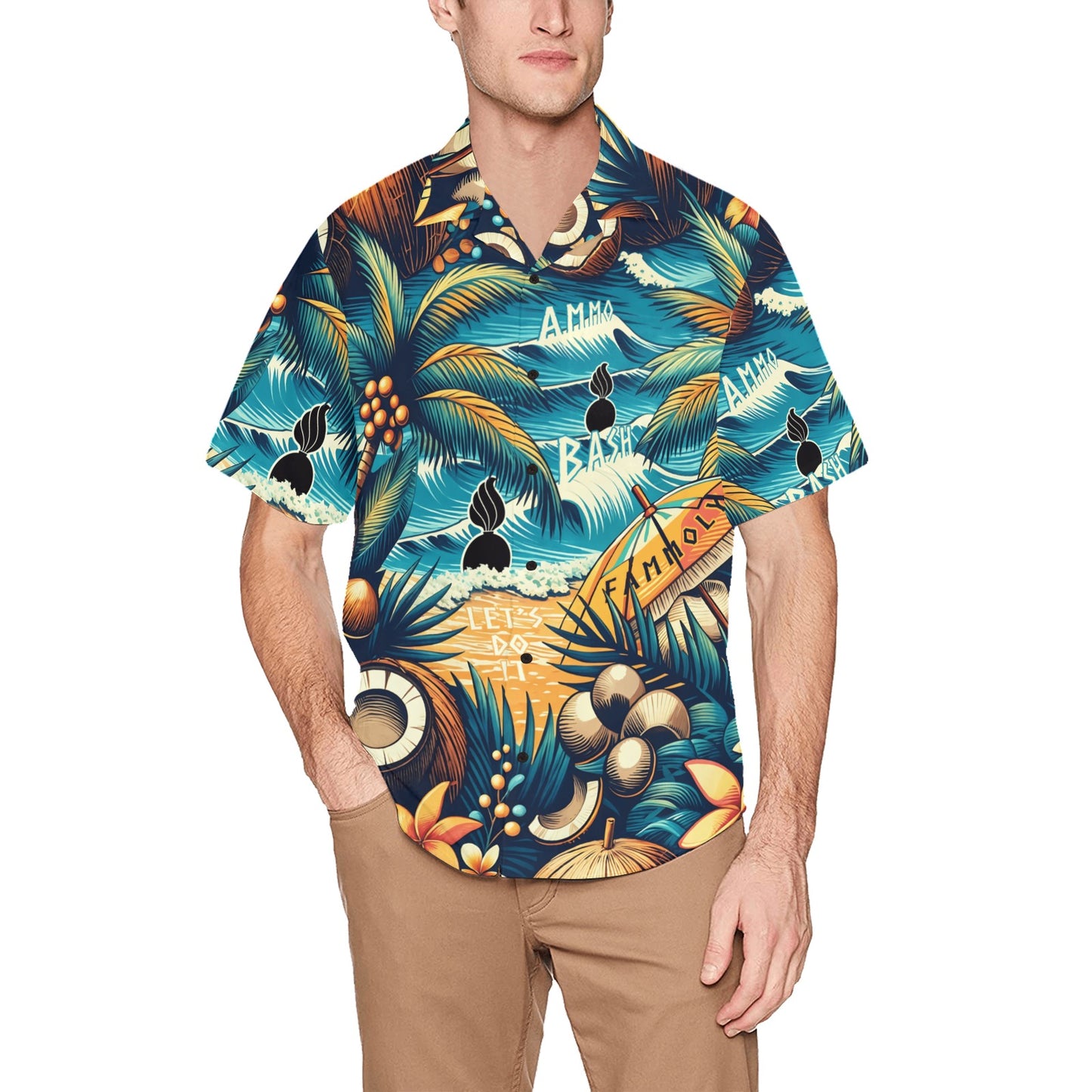 AMMO Bash fAMMOly Day At The Beach  Pisspots In Water Mens Hawaiian Shirt With Front Left Pocket