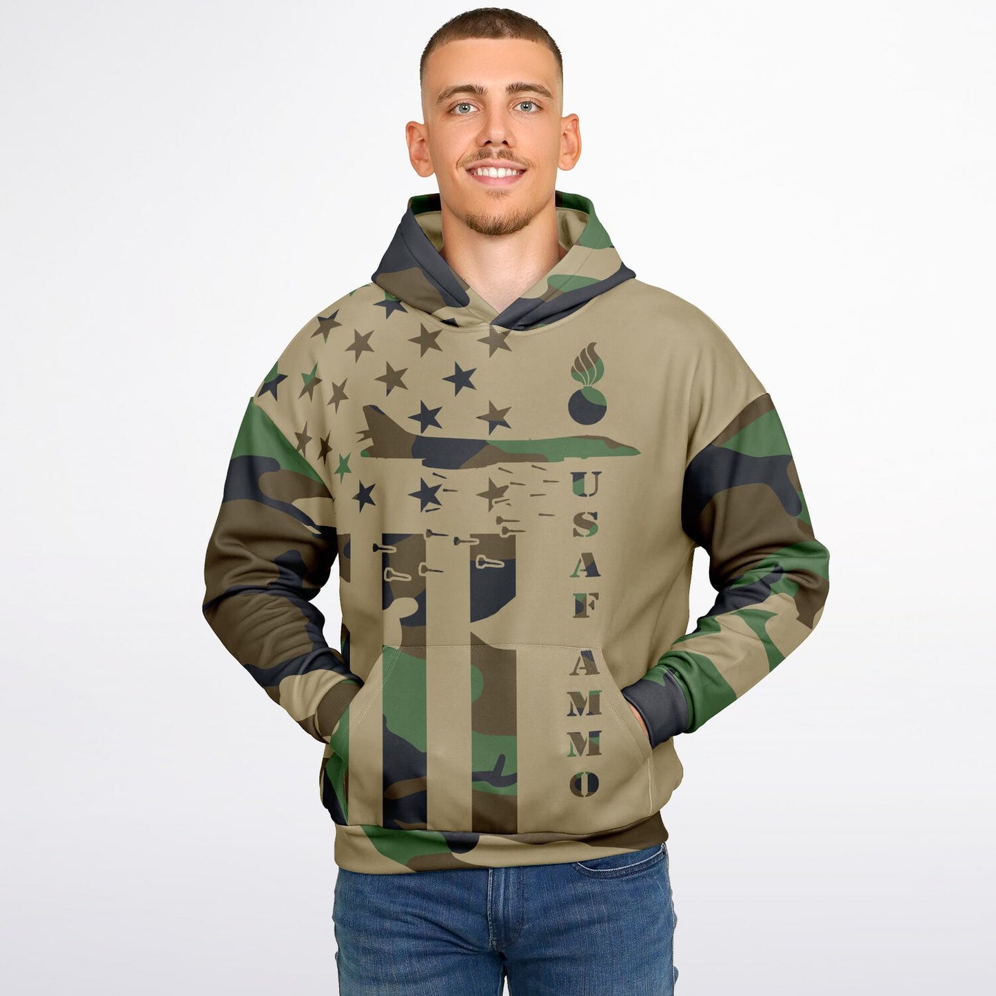 USAF AMMO Camouflage American Flag B-1 Bomber Pisspot IYAAYAS Heavyweight Oversized Cold Weather Pullover Hoodie - All Over Print