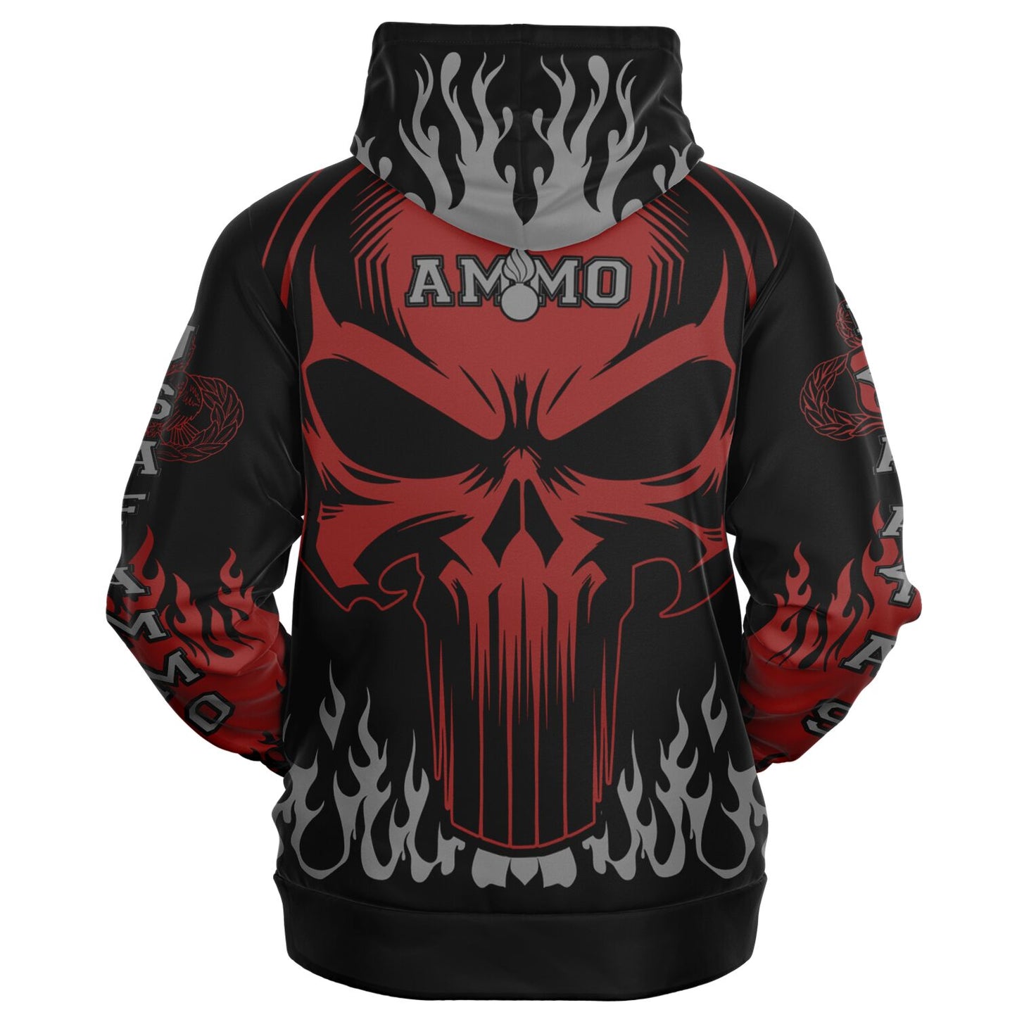 AMMO Skull Flames Black Red Grey Fashion Zip-Up Hoodie - All Over Print