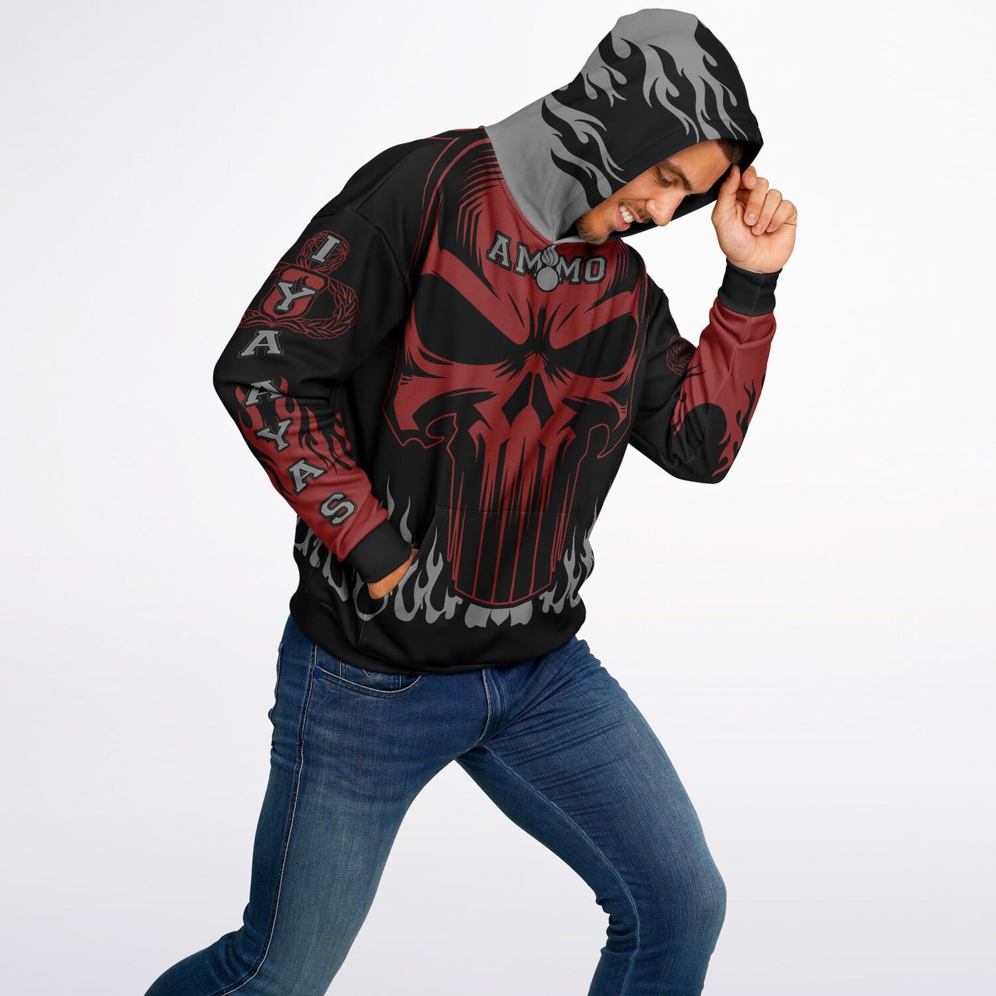 AMMO Skull Flames Black Red Grey Heavyweight Oversized Cold Weather Hoodie - All Over Print