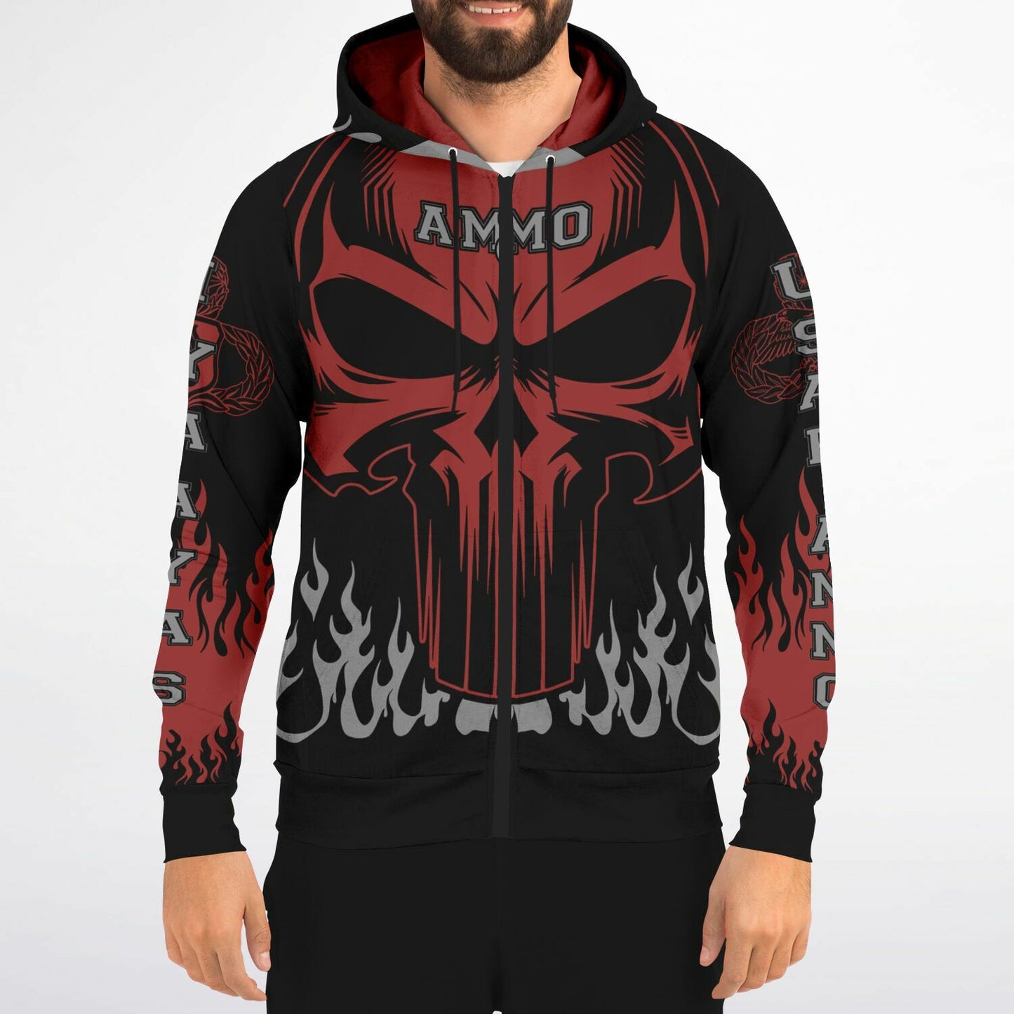 AMMO Skull Flames Black Red Grey Fashion Zip-Up Hoodie - All Over Print