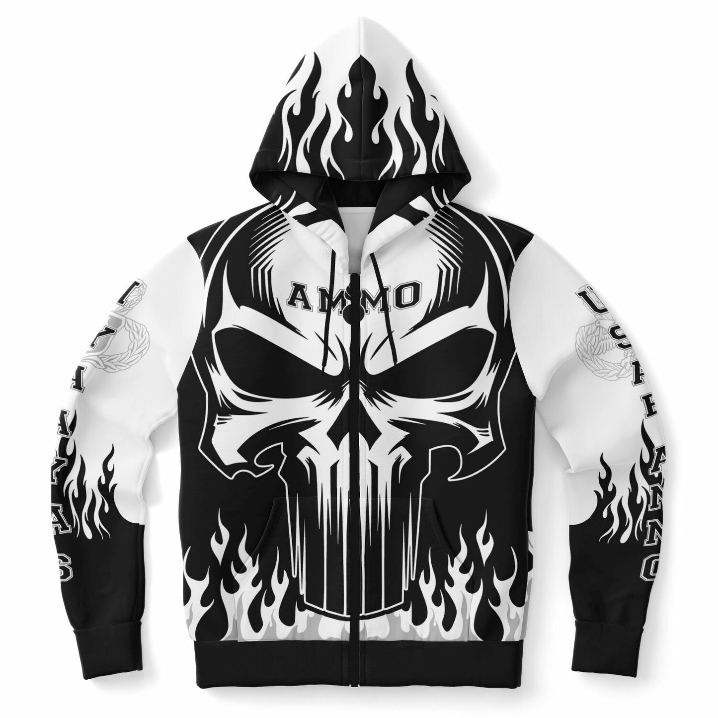 AMMO Skull Flames Black White Grey Fashion Zip-Up Hoodie - All Over Print