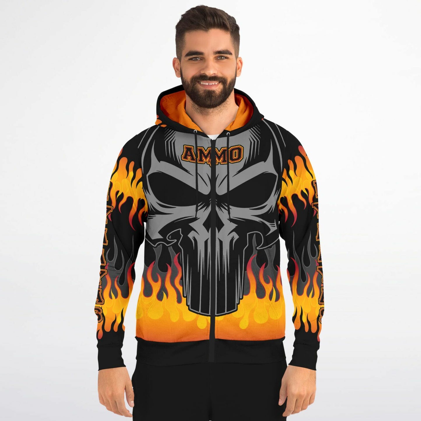 AMMO Skull Orange Fire Flames IYAAYAS Fashion Zip-Up Hoodie - All Over Print