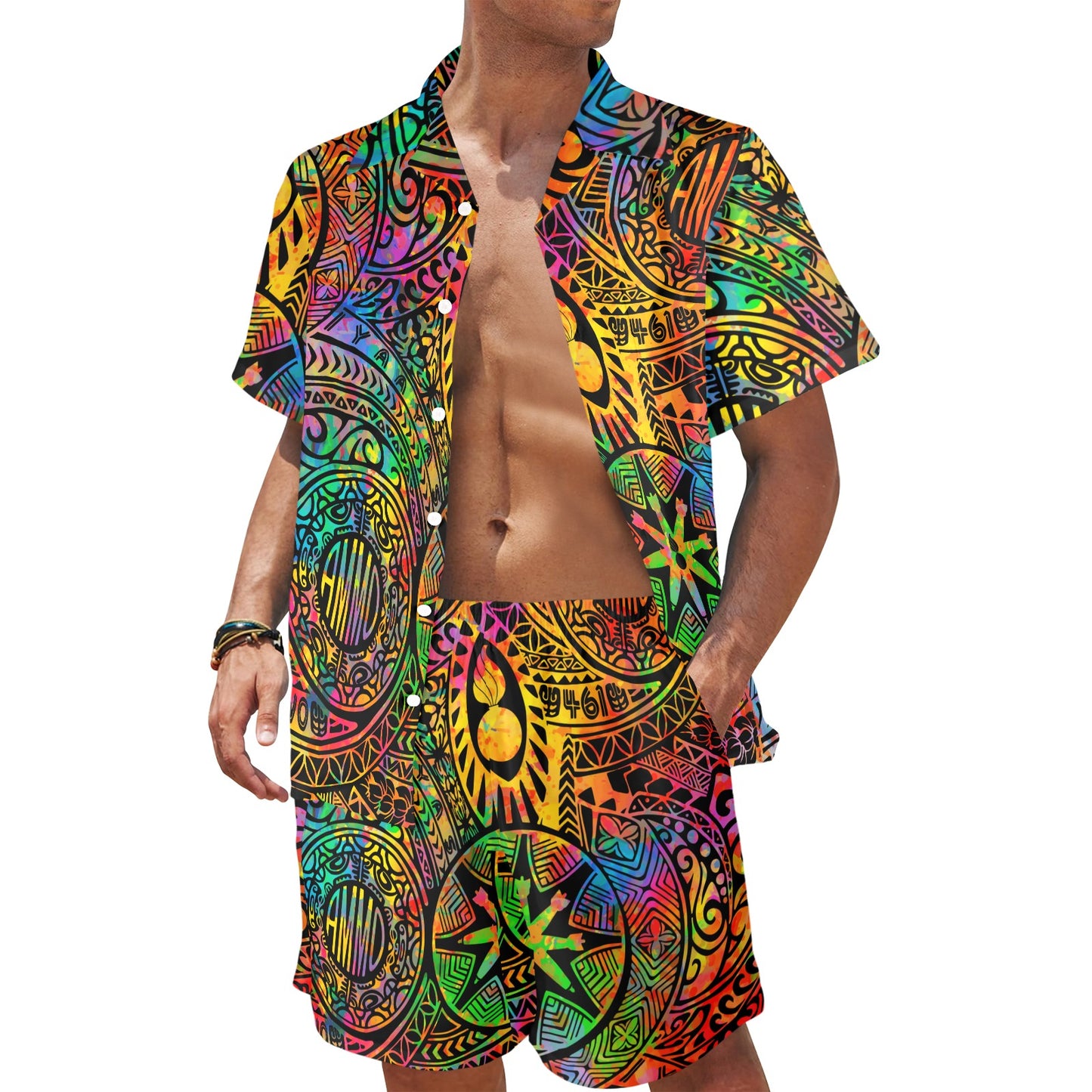 USAF AMMO Watercolor Tribal Pisspot Hawaiian Shirt and Shorts Combo Set with Left Chest Pocket