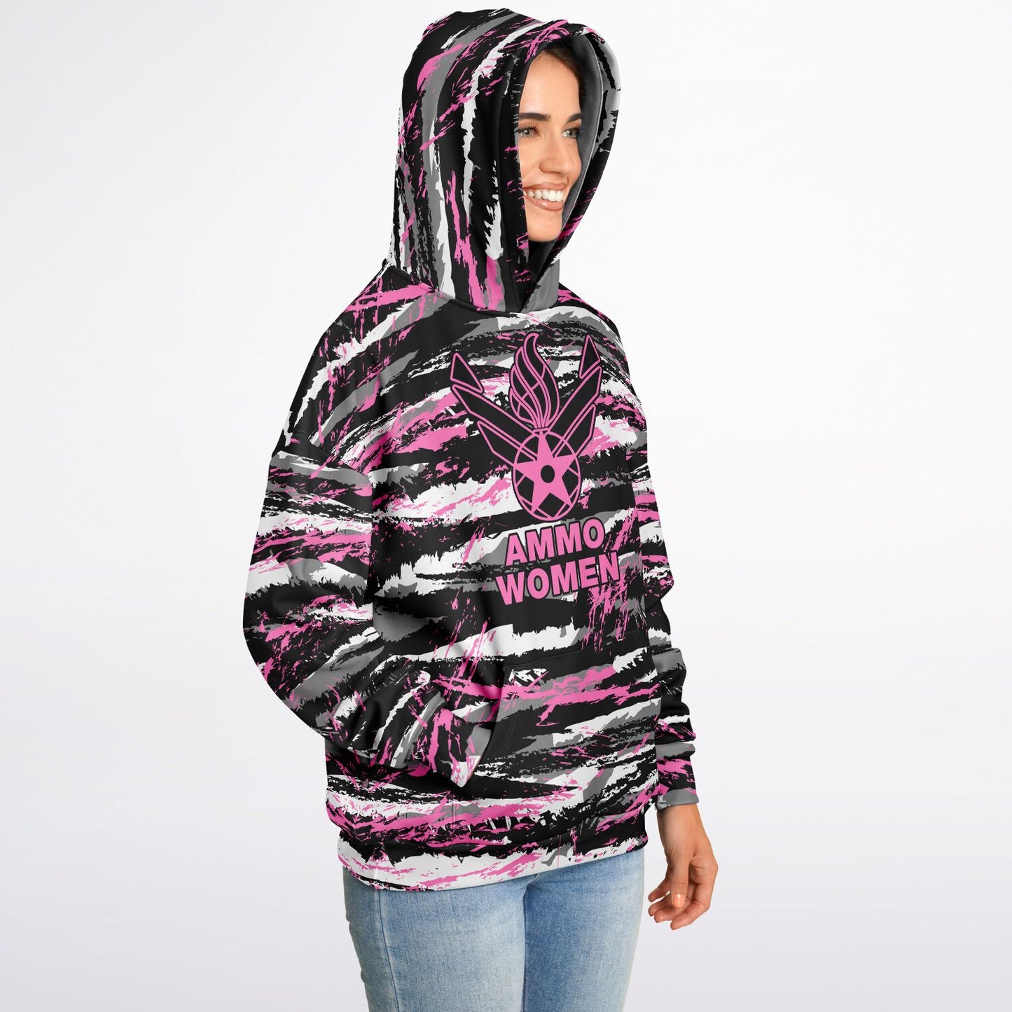 USAF AMMO Women Pink Tiger Stripe Camouflage Heavyweight Oversized Cold Weather Pullover Hoodie - All Over Print