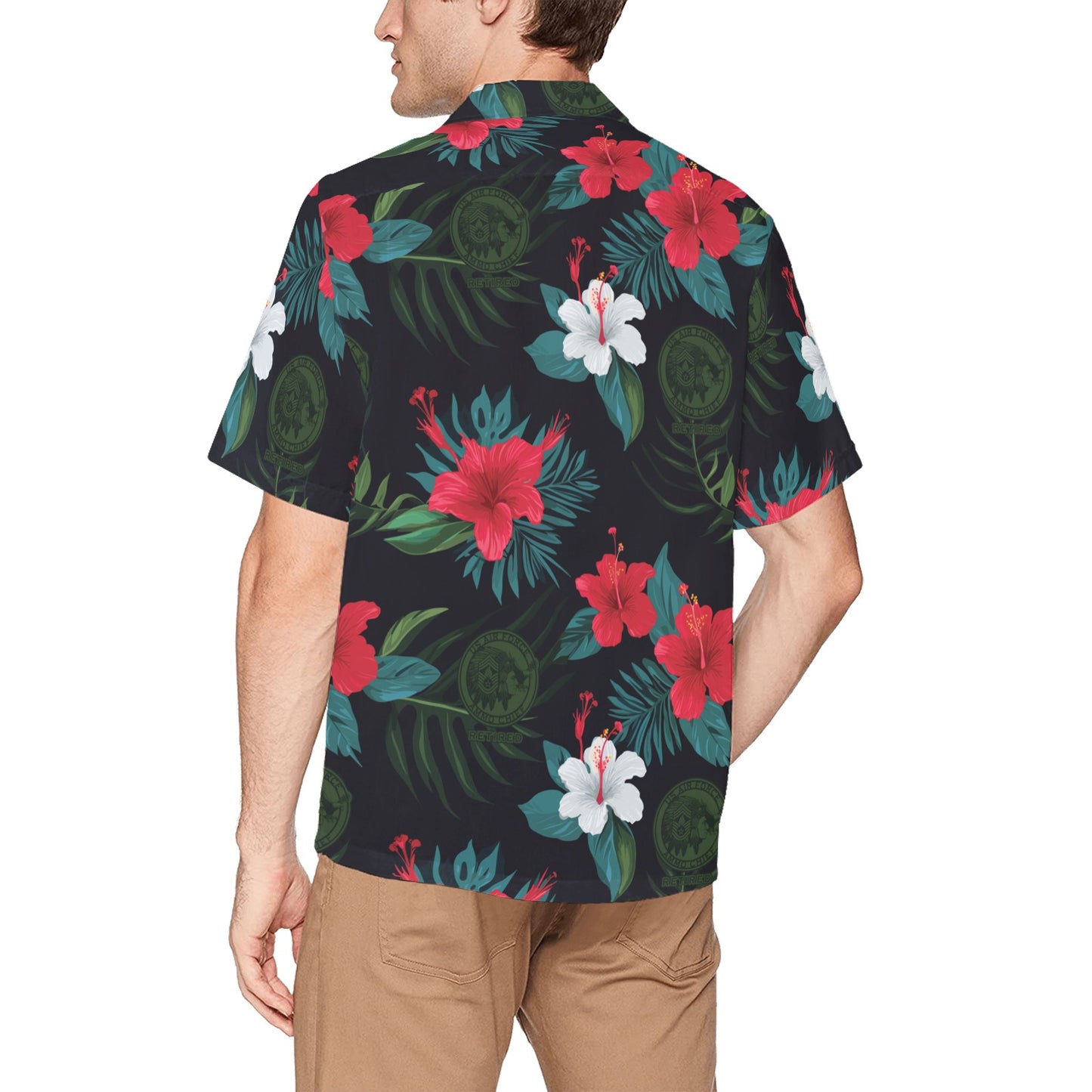 AMMO Chief Retired Black With Tropical Flowers Leaves and Chief Logos Men's Hawaiian Shirt With Left Chest Pocket