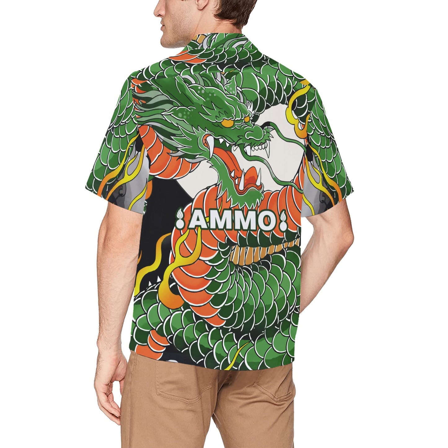 USAF AMMO Winding Green and Orange Traditional Japanese Style Dragon With Pisspots Mens Hawaiian Shirt With Front Left Pocket