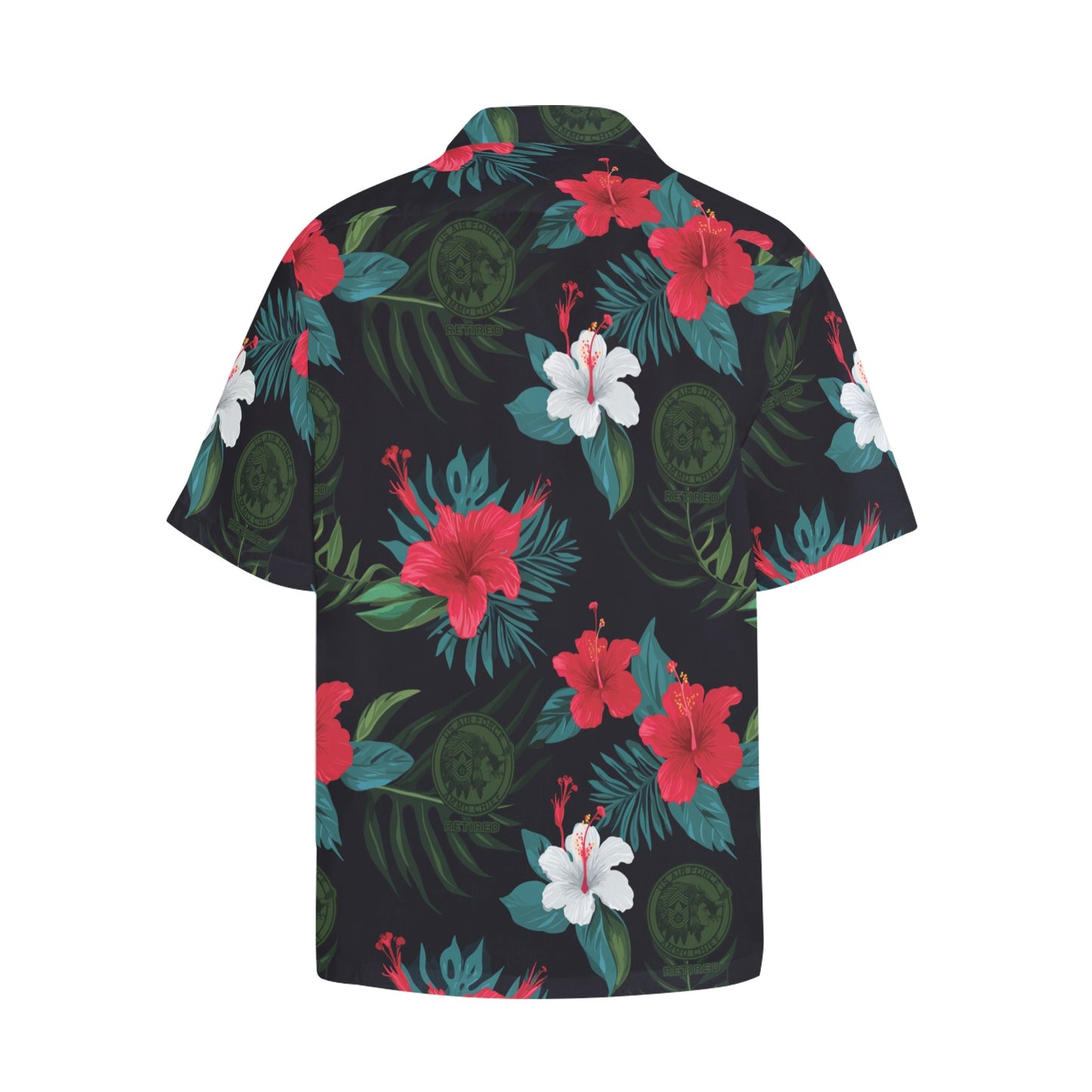 AMMO Chief Retired Black With Tropical Flowers Leaves and Chief Logos Men's Hawaiian Shirt With Left Chest Pocket