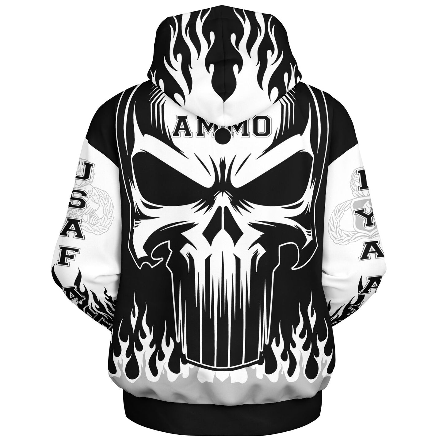 AMMO Skull Flames Black White Grey Heavyweight Oversized Cold Weather Hoodie - All Over Print