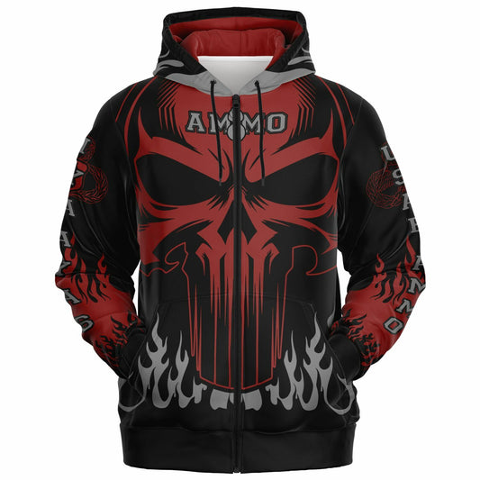 AMMO Skull Flames Black Red Grey Fashion Zip-Up Hoodie - All Over Print